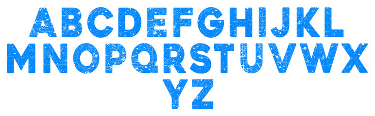 Blue distressed alphabet letters a to z displayed in three rows on a transparent background, isolated on transparent background © R.TREANDS