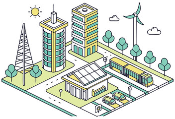 Naklejka premium Isometric Smart Eco City with Renewable Energy and Modern Buildings – Vector Illustration