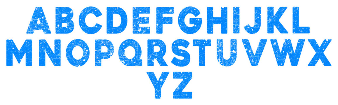 Blue distressed alphabet letters a to z displayed in three rows on a transparent background, isolated on transparent background