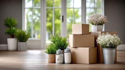 Stacked Cardboard Boxes with Potted Plants in Bright Modern Home Interior Sunny Ambiance Neutral Gray Walls White Doors and Wooden Floors