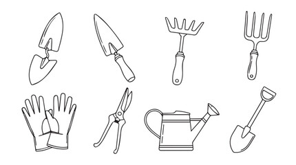 Gardening tools set including trowel fork rake pruners watering can and gloves hand drawn style silhouette
