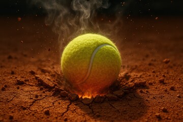 Tennis ball explosive impact on clay. Use for competition, energy, sports and motivational campaigns
