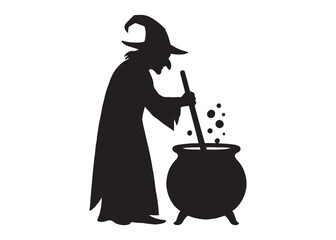 witch stirring cauldron logo silhouette vector, witch with bubbling pot silhouette vector illustration, witch and cauldron silhouette logo, witch stirring a cauldron logo silhouettes vector