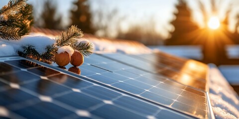 Snowy winter scene featuring solar panels on a roof, adorned with a festive pine branch and ornaments, capturing the beauty of sustainable energy in the cold season