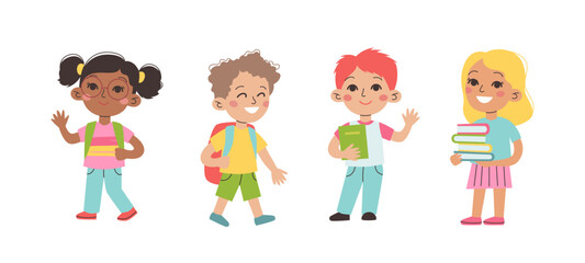School children. Boys and girls with school supplies. Vector illustration in flat style