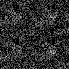 Black and white talian food design with assorted pasta types, hand-drawn seamless pattern 