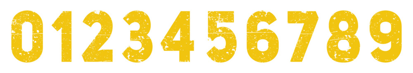A collection of yellow numbers from zero to nine, displayed prominently and isolated on a clean transparent background, showcasing each digit with a slightly distressed texture