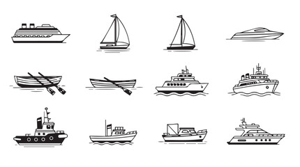 Diverse collection of watercraft and boats featured in a tiled grid layout on a clean surface silhouette