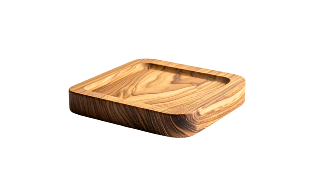 Square olive wood tray with a slightly recessed, smooth interior and rounded, sculpted edges