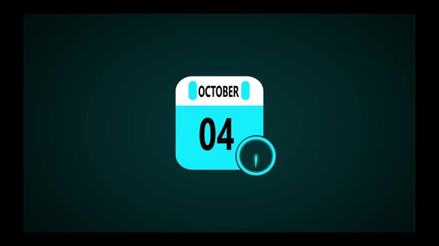 October month calendar animation on black background. Animated calendar icon showing the date october 4th. Digital calendar design icon animation 4k video