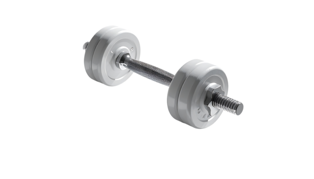 A white dumbbell with silver threaded ends and weights, slightly angled, set against a black background