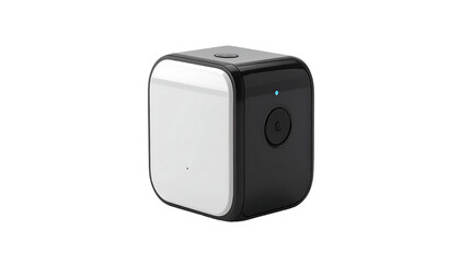 Compact, black and white cube-shaped device with a small lens and a subtle blue light indicator