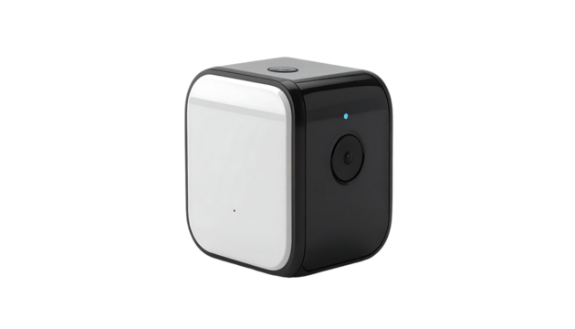 Compact, black and white cube-shaped device with a small lens and a subtle blue light indicator