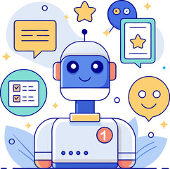Artificial Intelligence Chatbot Collecting Customer Feedback &ndash; Flat Vector Illustration for Survey, Review, and User Experience Concept