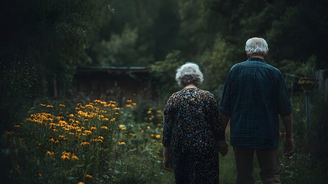 Elderly couple walking in garden holding hands enjoying retirement life and nature together outside home