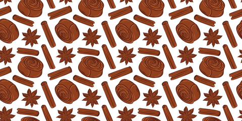 Seamless pattern with cinnamon roll, stick and star anise in flat style. Perfect for bakery package, breakfast menu background and dessert delivery.