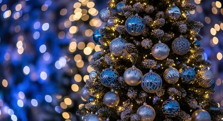 Evergreen tree with bluesilver globes twinkling lights and frosted branches Blurred background with bokeh lights