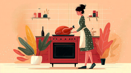 A smiling woman with a hair bun in an apron cooks a roasted turkey in a cozy, stylized kitchen with plants. Atmosphere of a warm holiday feast
