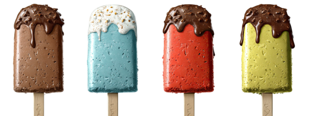 Four colorful ice pops with chocolate drizzle