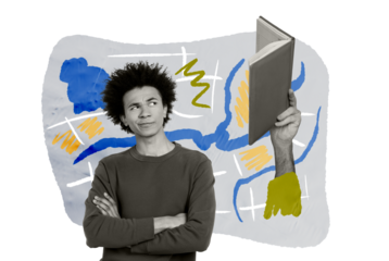 Composite trend artwork sketch image photo collage of young guy student think mind hand hold open book study university knowledge