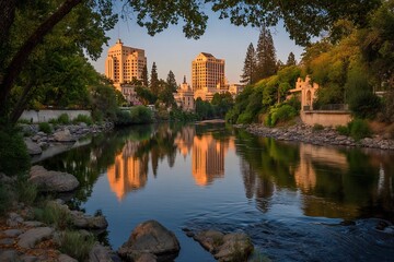 Obraz premium Serene riverside cityscape featuring a stunning building against the backdrop of a golden hour