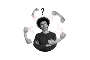 Obraz na płótnie Canvas Composite photo collage of minded question american guy call center manager telephone handset speak voice isolated on painted background