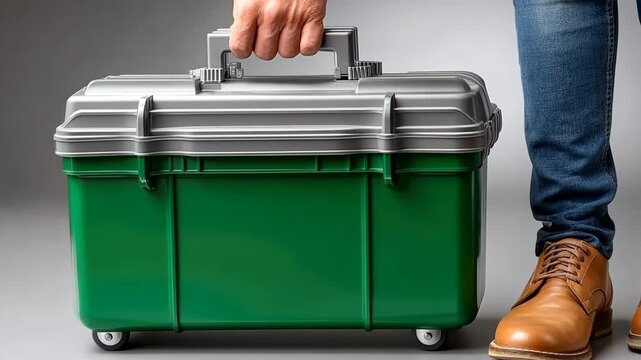 Portable green toolbox being held by a person in denim jeans and brown shoes in a studio setting