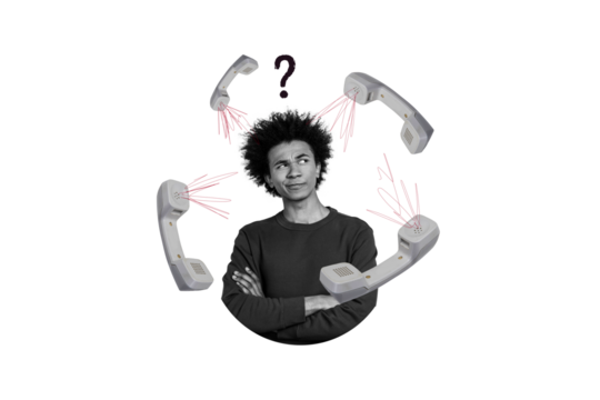 Composite photo collage of minded question american guy call center manager telephone handset speak voice isolated on painted background