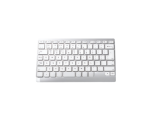 A sleek, white wireless keyboard with a standard QWERTY layout, showcasing minimalist design and compact size