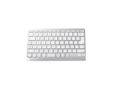 A sleek, white wireless keyboard with a standard QWERTY layout, showcasing minimalist design and compact size