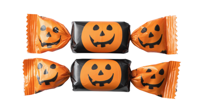 Halloween candy with jack-o-lantern face wrapper isolated on transparent background