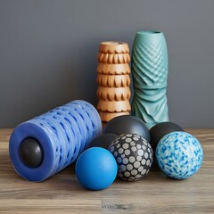 Collection of massage balls and rollers for myofascial release on a wooden surface against a gray background indoors