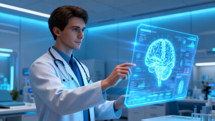 Doctor analyzing 3D brain hologram using futuristic digital interface in modern medical lab
