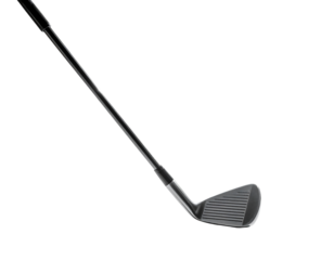 Sleek, dark-grey golf iron with a graphite shaft, angled slightly downward, showcasing its grooved clubface and precise design
