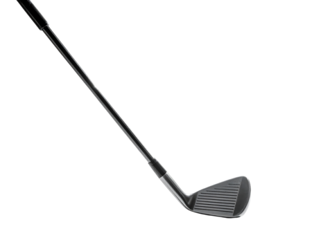 Sleek, dark-grey golf iron with a graphite shaft, angled slightly downward, showcasing its grooved clubface and precise design