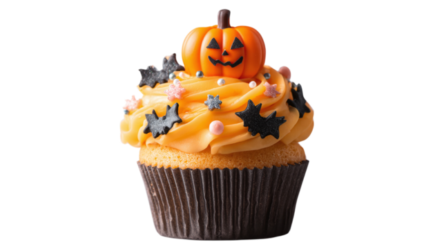 Halloween cupcake topped with orange pumpkin and spooky decorations isolated on transparent background 