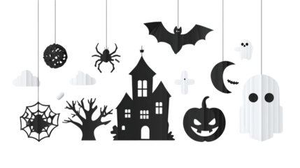 Halloween cut-out design featuring spooky elements in minimalist silhouette style, isolated on transparent background 