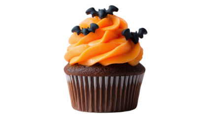 Halloween cupcake with orange frosting and spooky topper, isolated on transparent background 