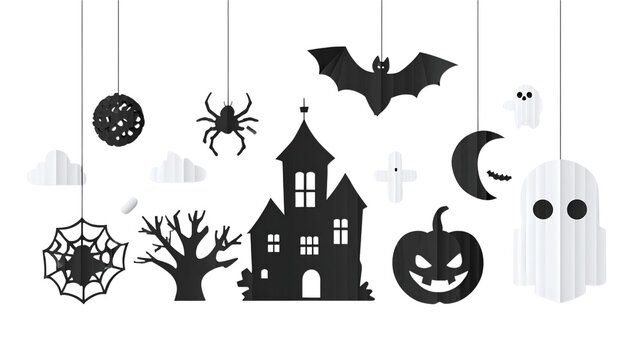 Halloween cut-out design featuring spooky elements in minimalist silhouette style, isolated on transparent background 