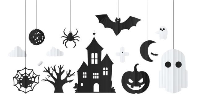 Halloween cut-out design featuring spooky elements in minimalist silhouette style, isolated on transparent background  - Powered by Adobe