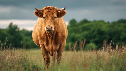 Portrait of a brown cow grazing in a field with green trees and cloudy sky farm animal stock image