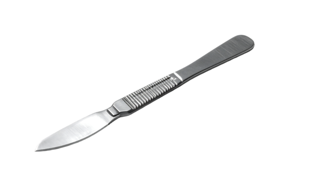 A metallic scalpel with a pointed blade and ridged handle, angled slightly to the right, isolated against a black background