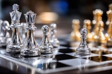 Silver Chess Pieces on Board Close Up