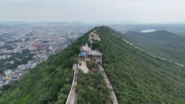 Aerial Drone View of Shri Manshapurna Karni Mata Temple, Udaipur, Rajasthan, India

