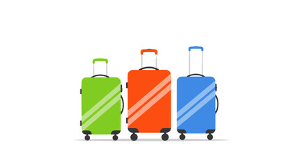 Three colorful suitcases lined up for travel.