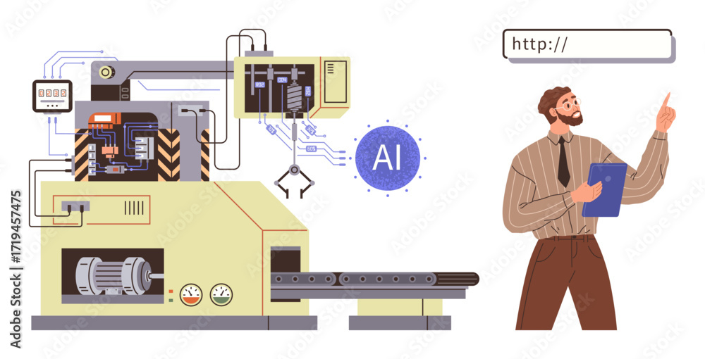 Aufkleber factory worker evaluates advanced ai-powered manufacturing machine with conveyor. ideal for technolo