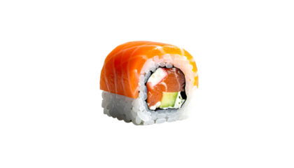 A single, glistening maki roll, salmon-topped, showcasing rice, cream cheese, avocado, and imitation crab