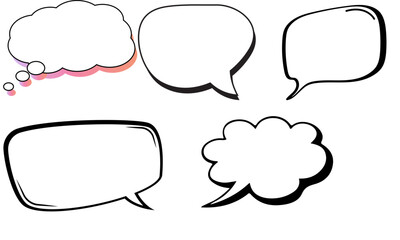 Collection of five different speech bubbles, each with a unique shape and design, ready for text.