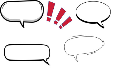 A collection of various hand-drawn comic style speech bubbles and red exclamation marks, isolated on a white background.