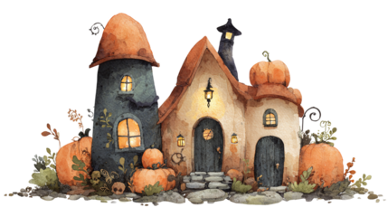 Halloween fairy house painted in watercolor, whimsical spooky design isolated on transparent background 